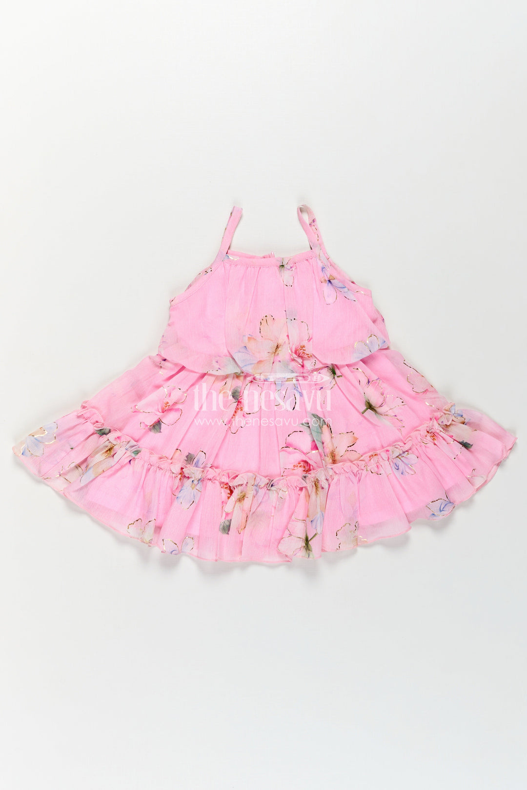Best Frock Suit for Baby Girls in Soft Pink Georgette with Floral Prints and Matching Sun Hat