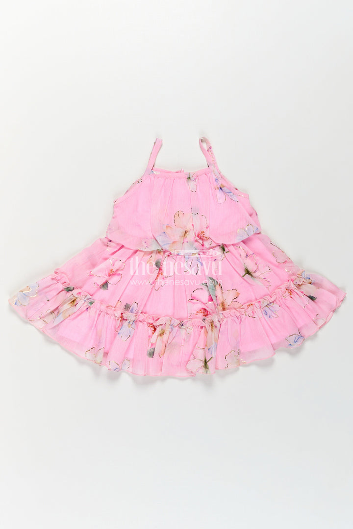 Best Frock Suit for Baby Girls in Soft Pink Georgette with Floral Prints and Matching Sun Hat