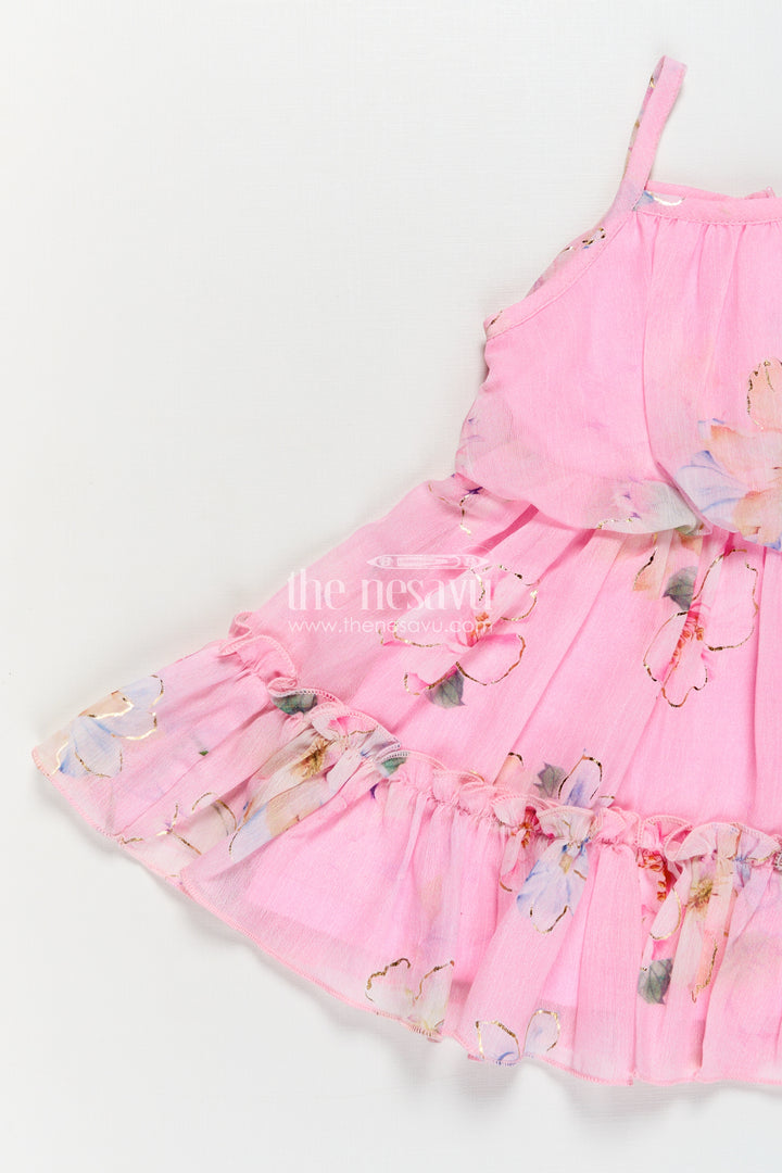 Best Frock Suit for Baby Girls in Soft Pink Georgette with Floral Prints and Matching Sun Hat