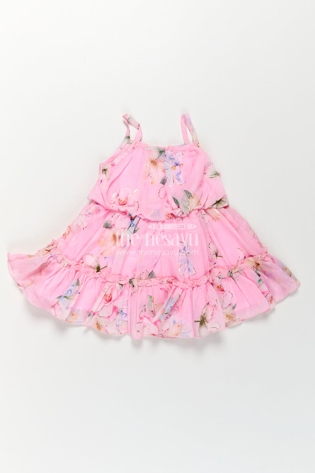 Best Frock Suit for Baby Girls in Soft Pink Georgette with Floral Prints and Matching Sun Hat