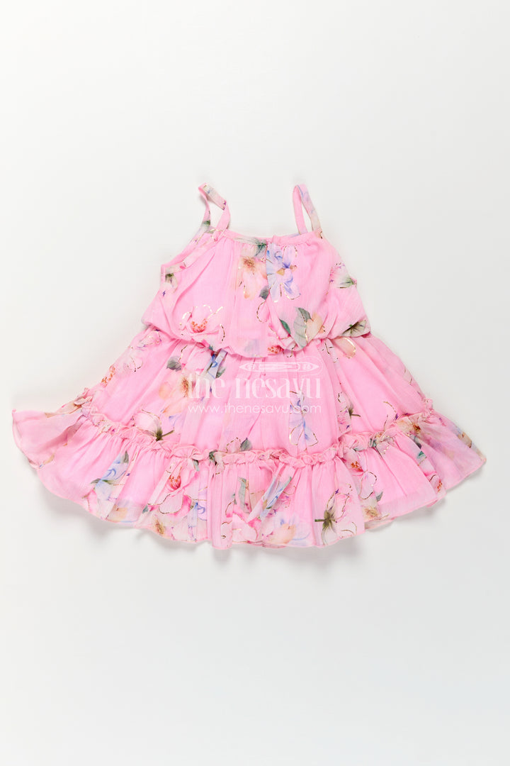 Best Frock Suit for Baby Girls in Soft Pink Georgette with Floral Prints and Matching Sun Hat