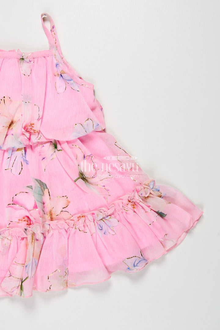 Best Frock Suit for Baby Girls in Soft Pink Georgette with Floral Prints and Matching Sun Hat