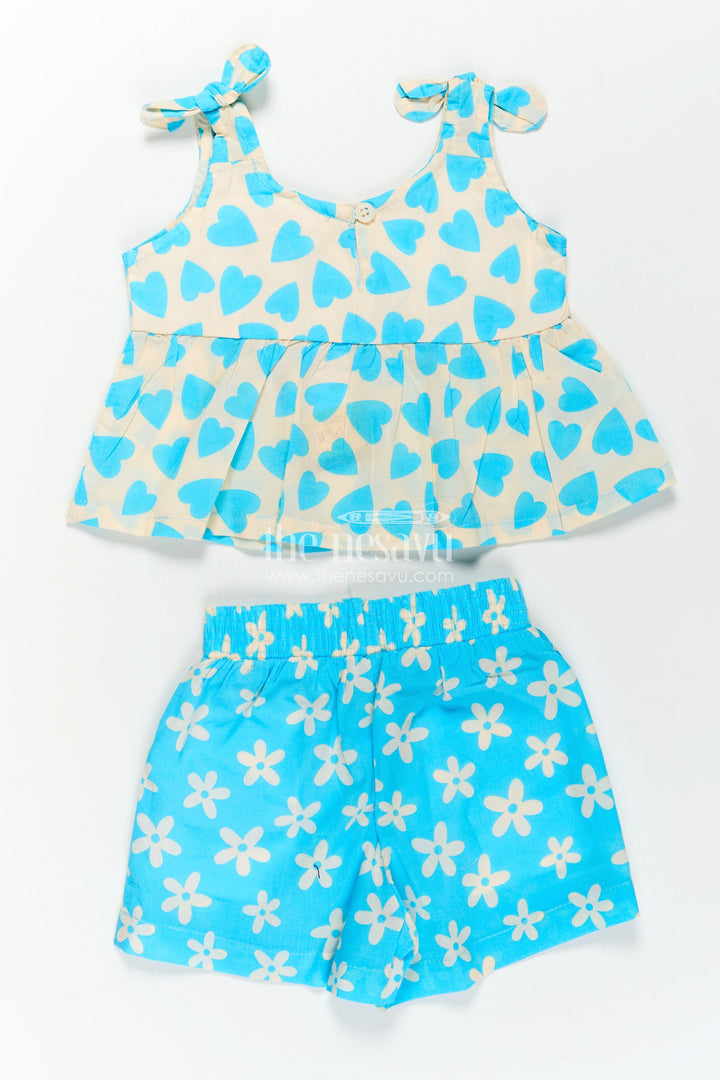Girls Kids Dresses in Blue Cotton with Heart and Floral Digital Prints and Matching Shorts Set