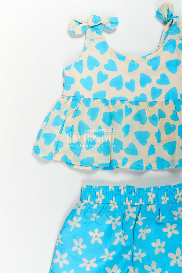 Girls Kids Dresses in Blue Cotton with Heart and Floral Digital Prints and Matching Shorts Set