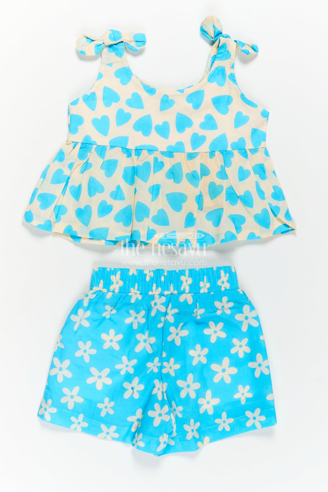 Girls Kids Dresses in Blue Cotton with Heart and Floral Digital Prints and Matching Shorts Set