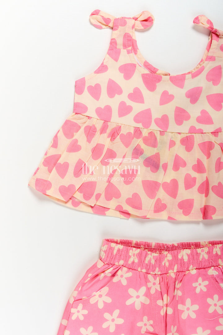 Girls Baby Girl Dresses in Pink Cotton with Heart Print Top and Flower Print Shorts Two-Piece Set