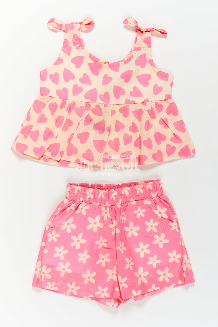 Girls Baby Girl Dresses in Pink Cotton with Heart Print Top and Flower Print Shorts Two-Piece Set