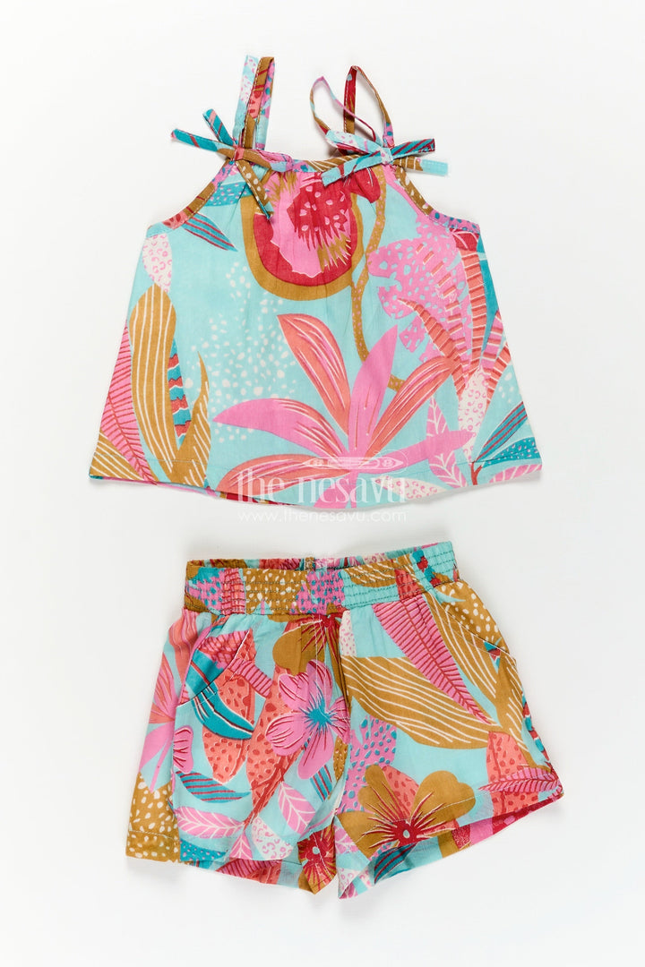 Girls Baby Cotton Dress Design Set with Abstract Printed Sleeveless Top and Matching Shorts in Soft Cotton