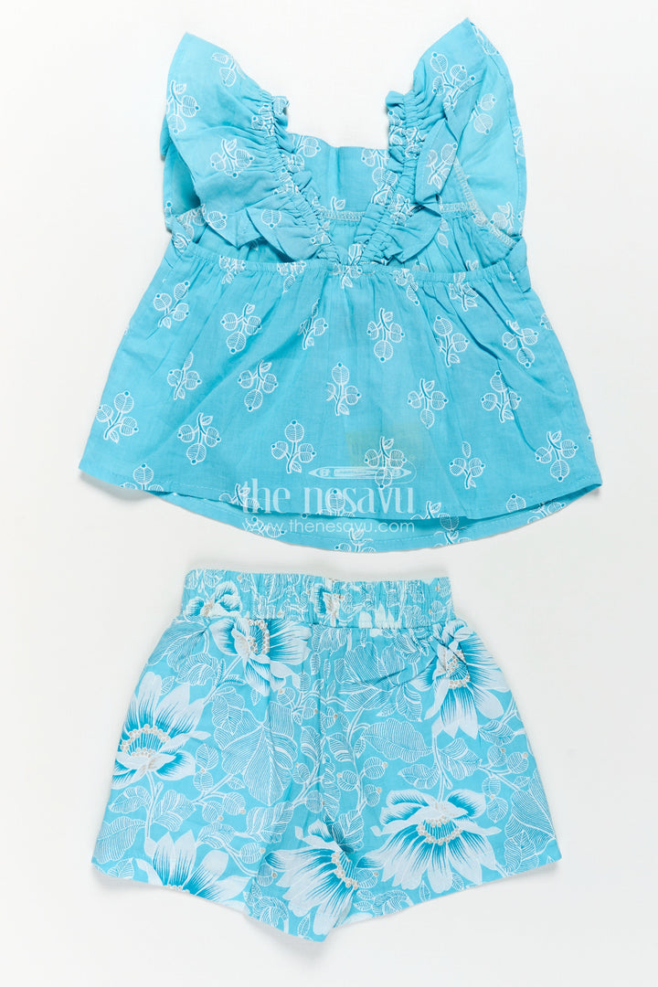 Girls Designer Infant Clothes in Blue Cotton with Paisley Digital Print Sleeveless Top and Shorts Set