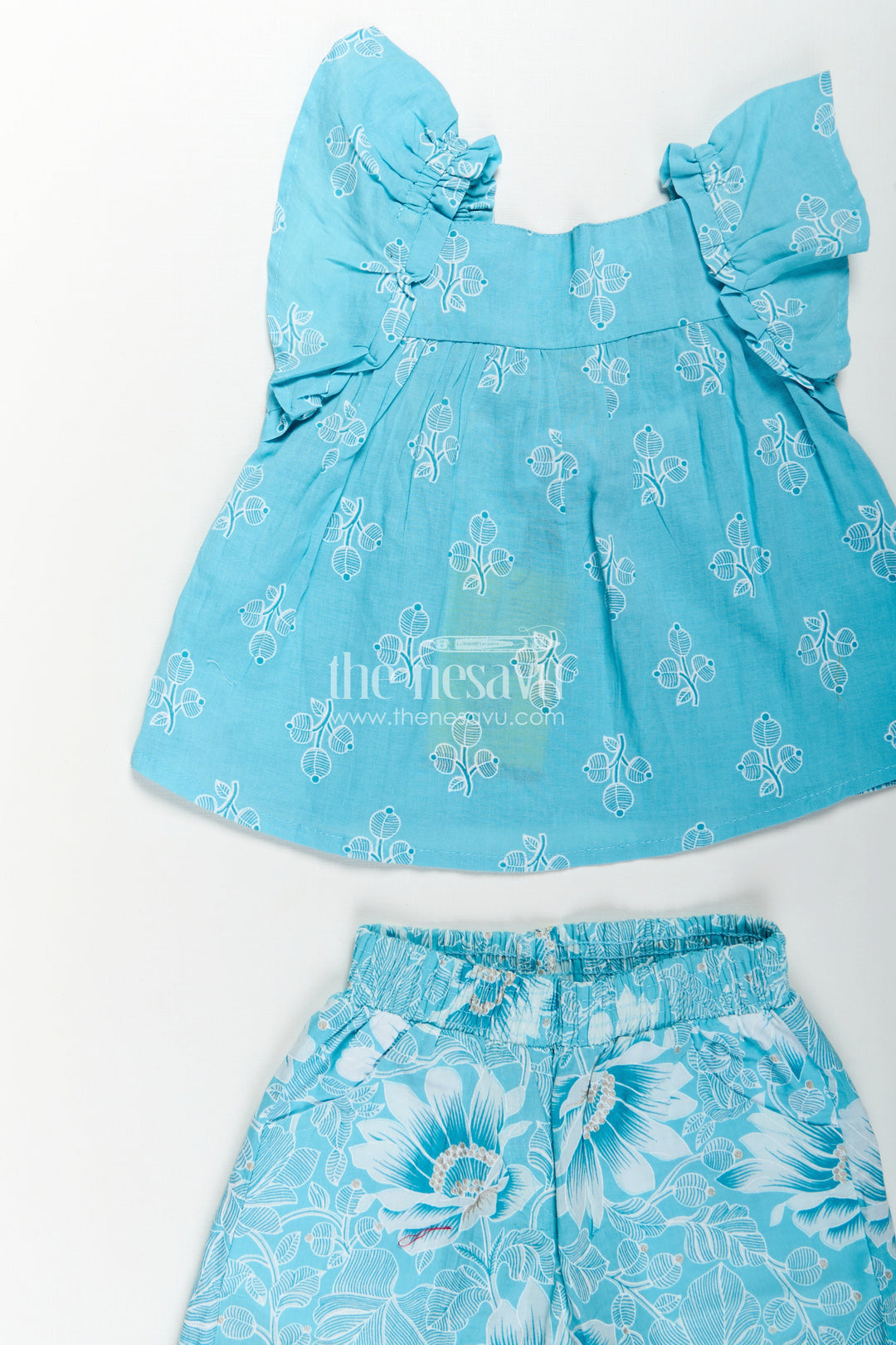 Girls Designer Infant Clothes in Blue Cotton with Paisley Digital Print Sleeveless Top and Shorts Set
