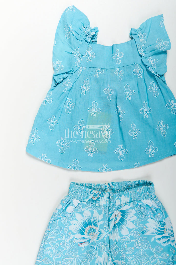 Girls Designer Infant Clothes in Blue Cotton with Paisley Digital Print Sleeveless Top and Shorts Set