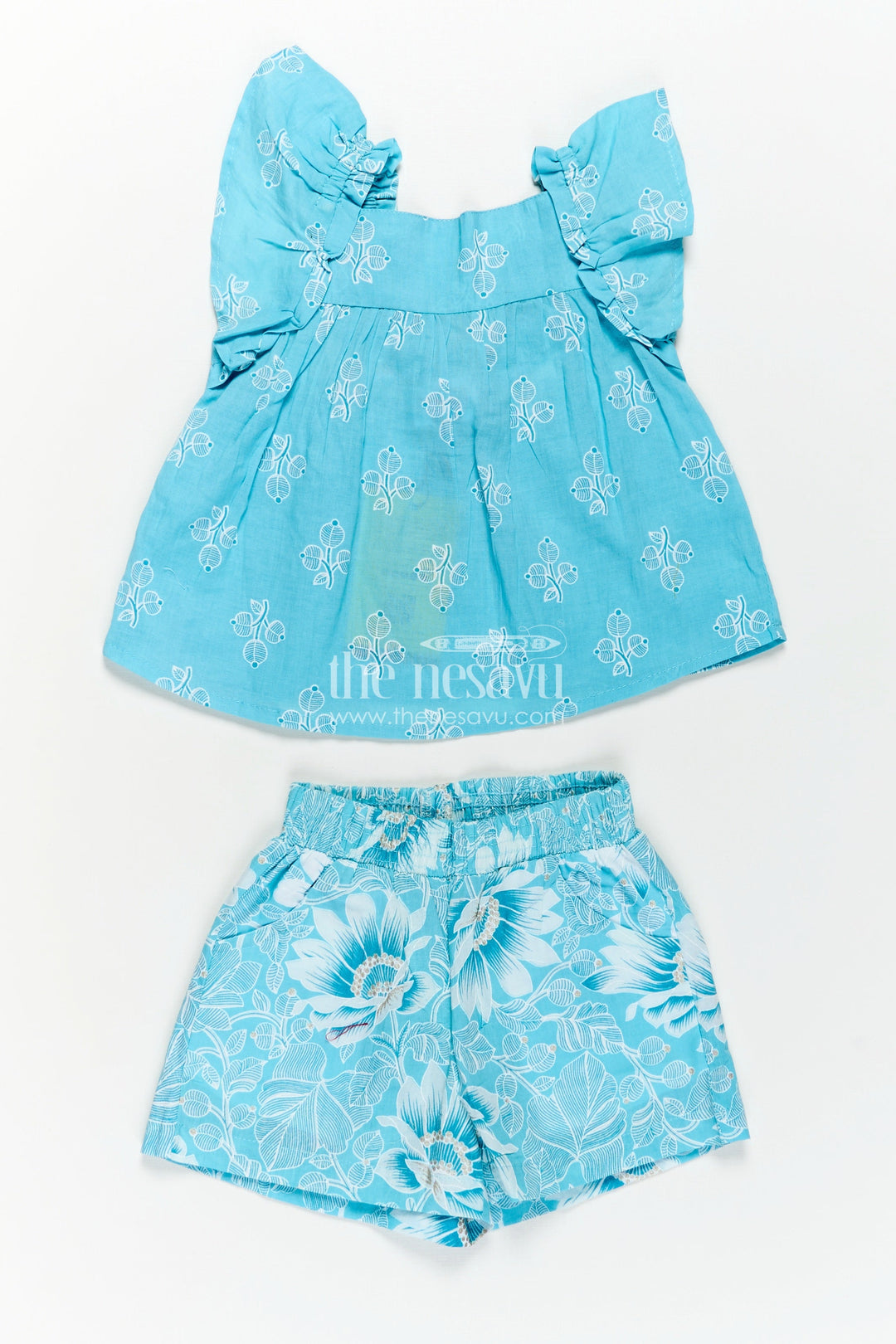 Girls Designer Infant Clothes in Blue Cotton with Paisley Digital Print Sleeveless Top and Shorts Set