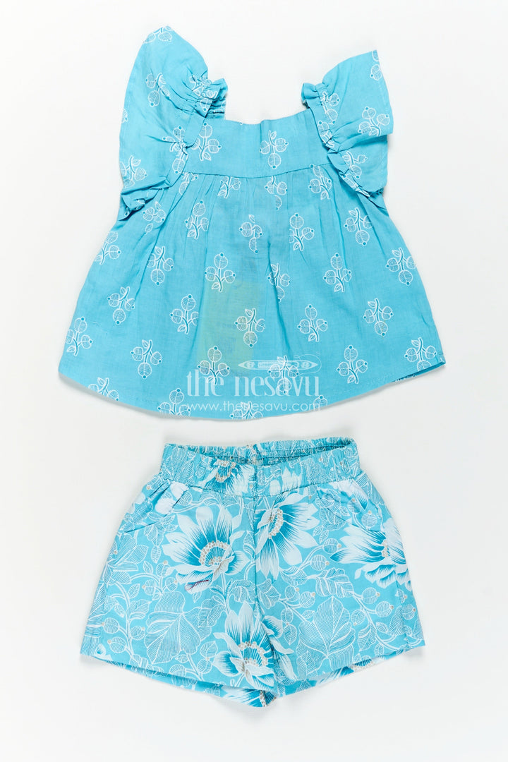 Girls Designer Infant Clothes in Blue Cotton with Paisley Digital Print Sleeveless Top and Shorts Set