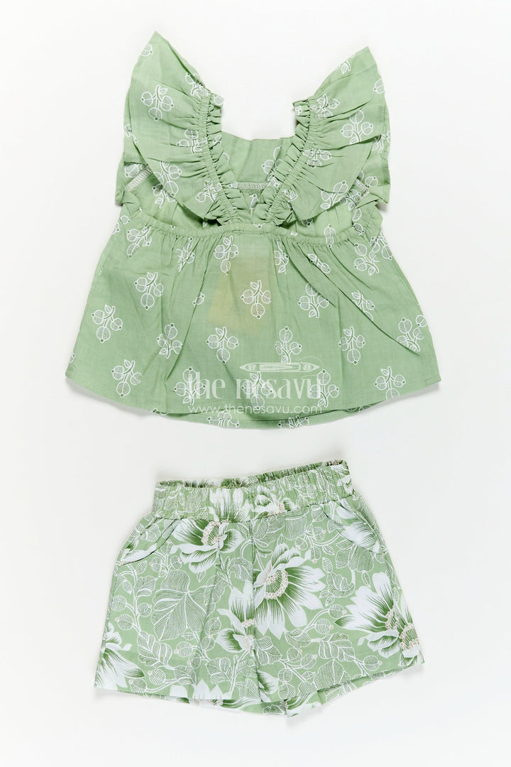 New Born Outfit in Soft Cotton with Green Leaf Digital Print and Matching Ruffle-Sleeve Top and Shorts