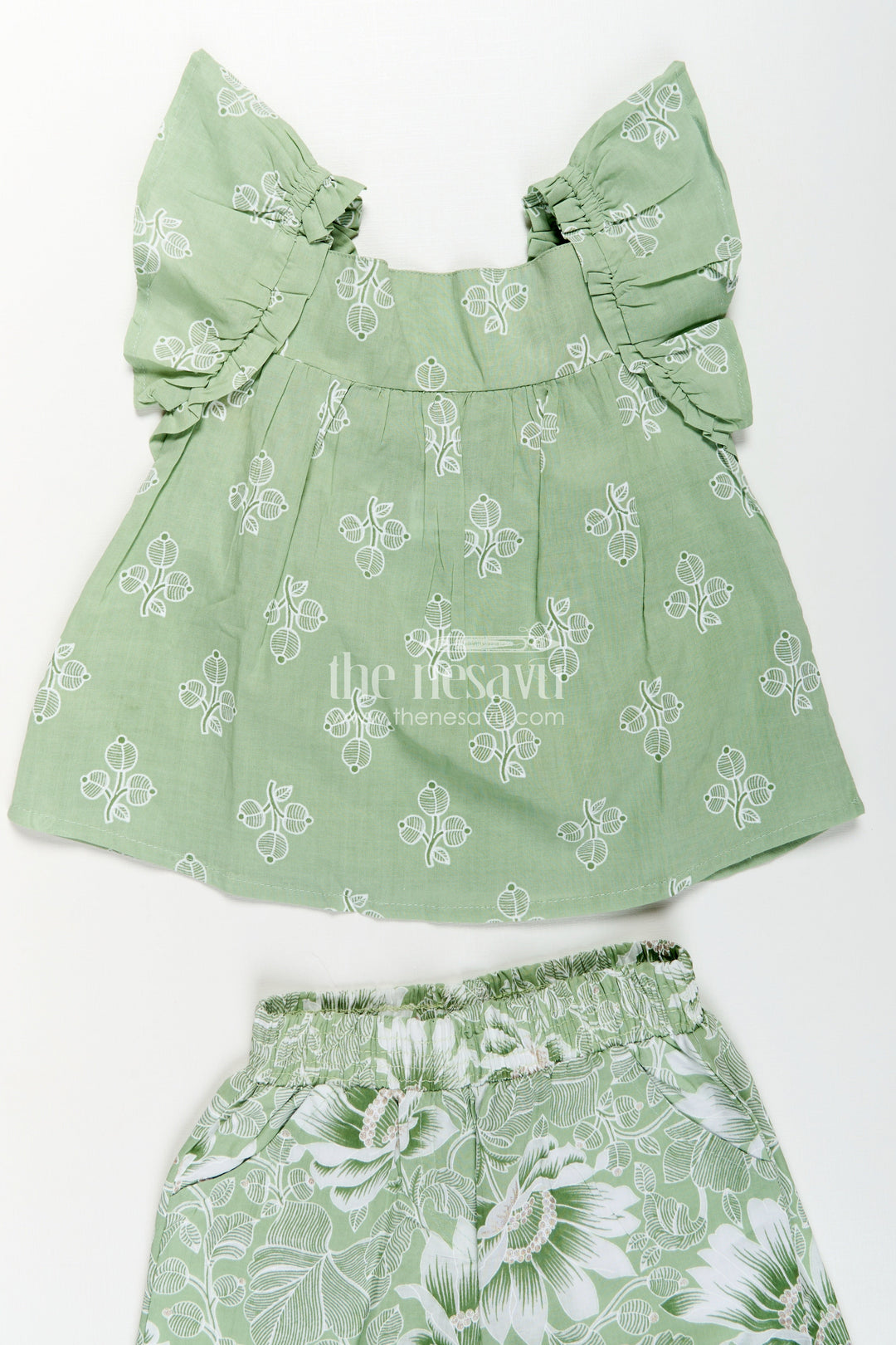 New Born Outfit in Soft Cotton with Green Leaf Digital Print and Matching Ruffle-Sleeve Top and Shorts