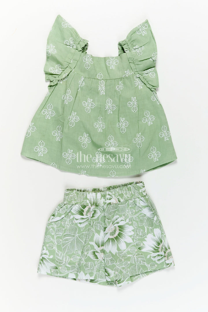 New Born Outfit in Soft Cotton with Green Leaf Digital Print and Matching Ruffle-Sleeve Top and Shorts