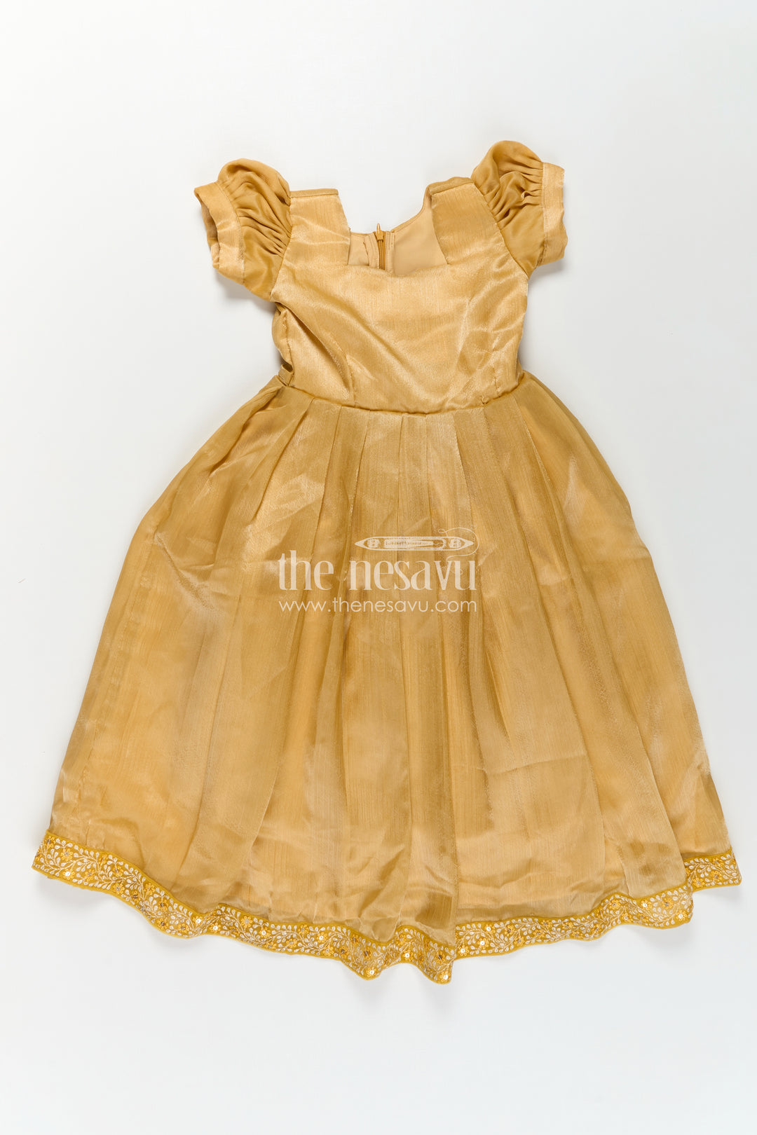 Girls Organza Anarkali Dress with Thread Embroidery Lace and Embellished Dupatta in Elegant Golden Tone