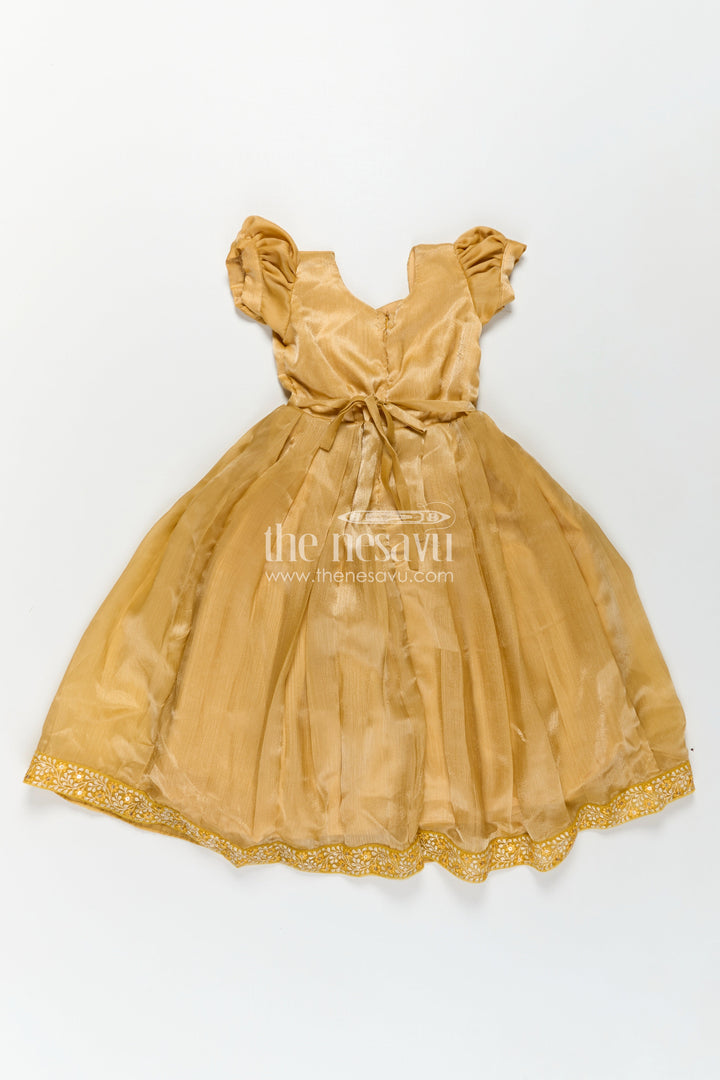 Girls Organza Anarkali Dress with Thread Embroidery Lace and Embellished Dupatta in Elegant Golden Tone