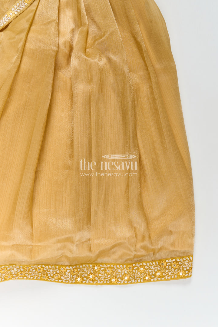 Girls Organza Anarkali Dress with Thread Embroidery Lace and Embellished Dupatta in Elegant Golden Tone
