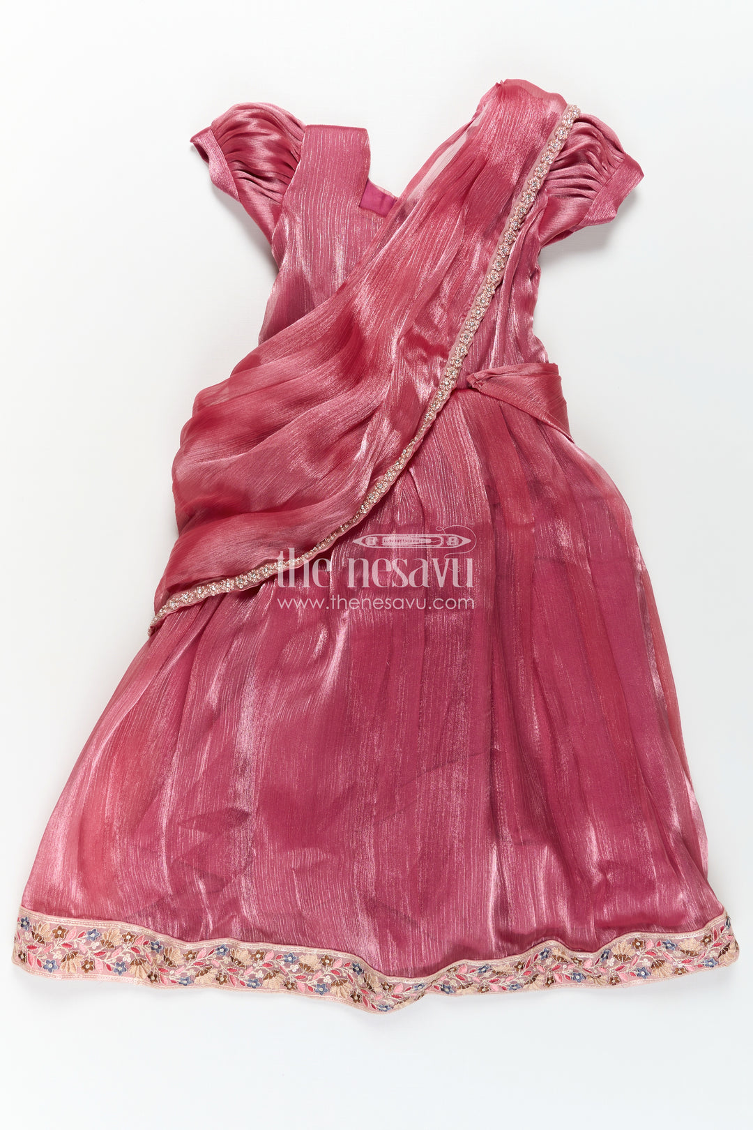 Girls Gown Dresses in Wine Organza with Stone Lace Detailing and Elegant Embellished Dupatta
