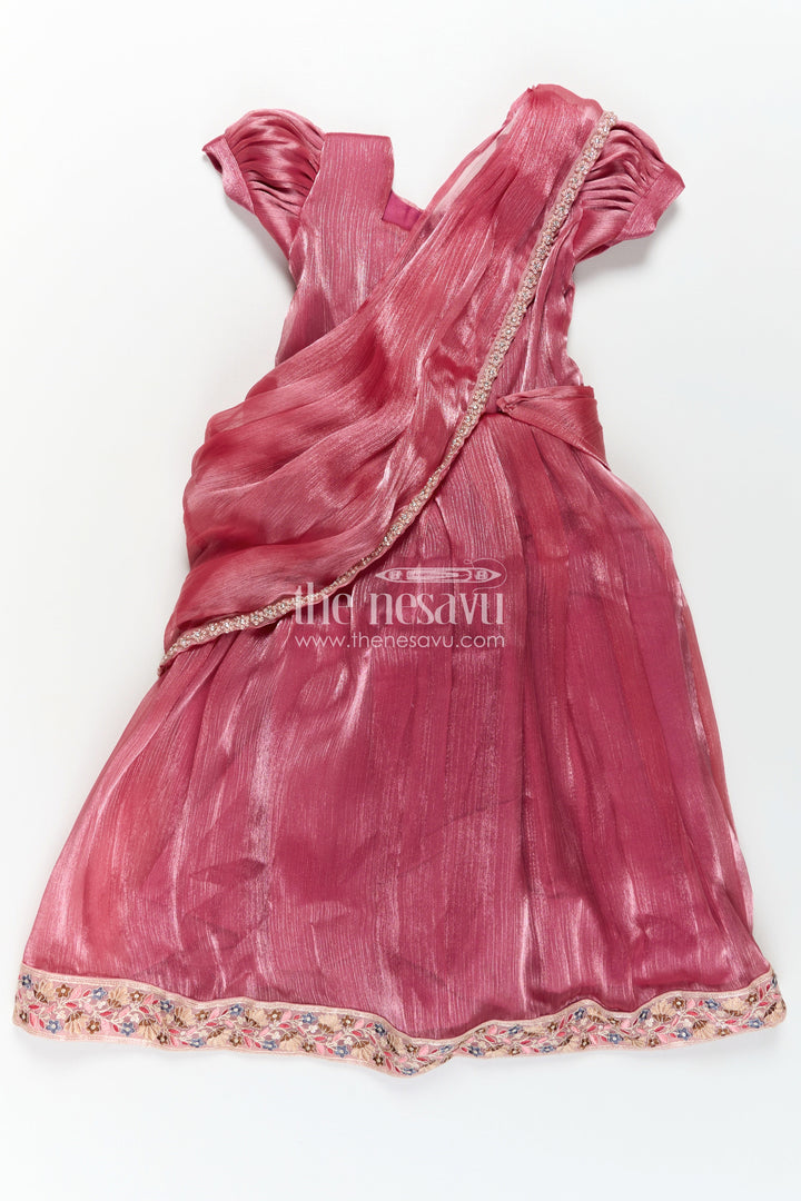Girls Gown Dresses in Wine Organza with Stone Lace Detailing and Elegant Embellished Dupatta