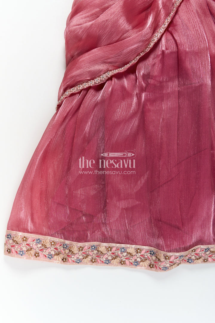 Girls Gown Dresses in Wine Organza with Stone Lace Detailing and Elegant Embellished Dupatta