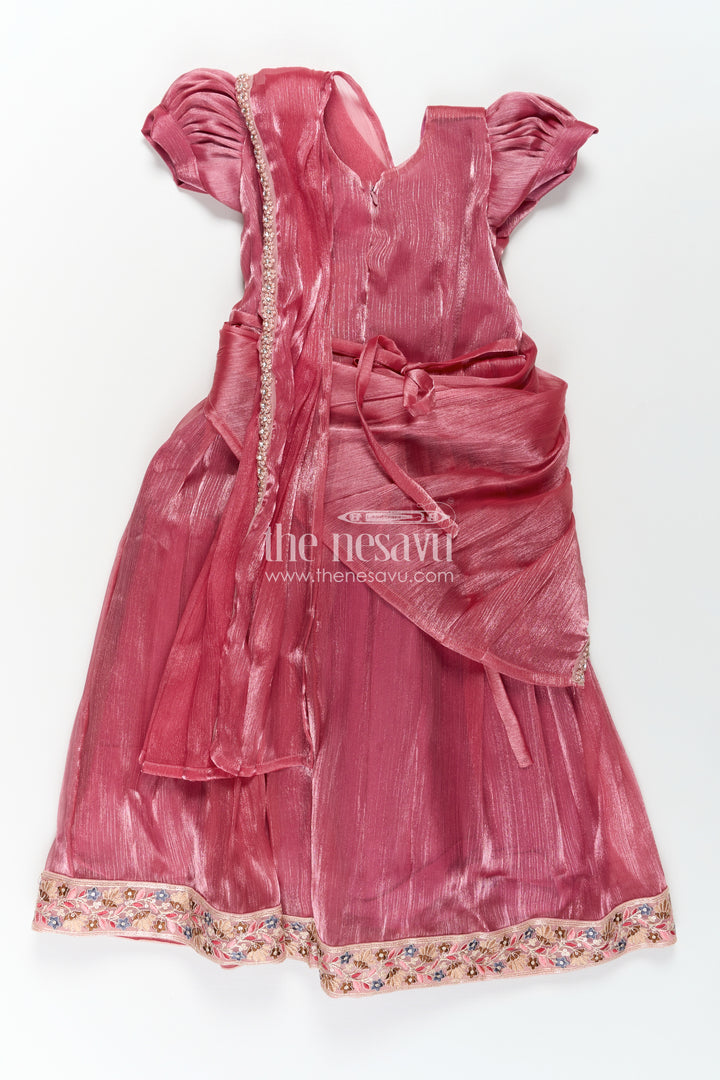 Girls Gown Dresses in Wine Organza with Stone Lace Detailing and Elegant Embellished Dupatta