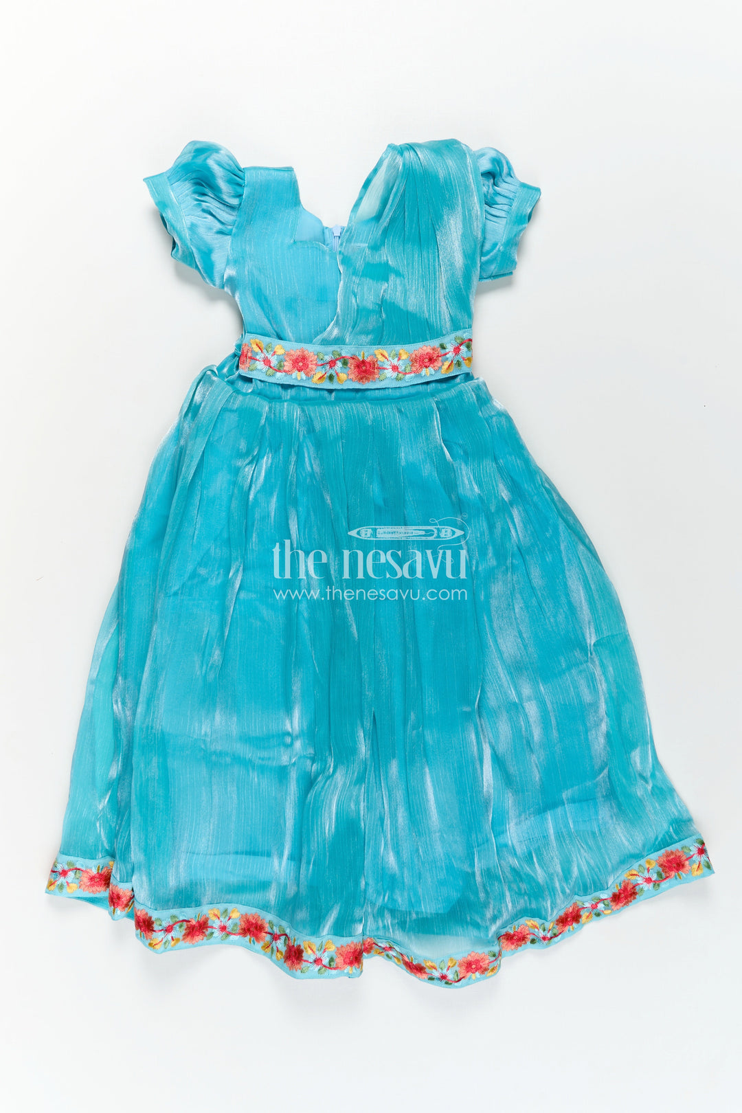 Girls Blue Organza Gown with Vibrant Floral Lace Work and Flowy Silhouette for Graceful Movement