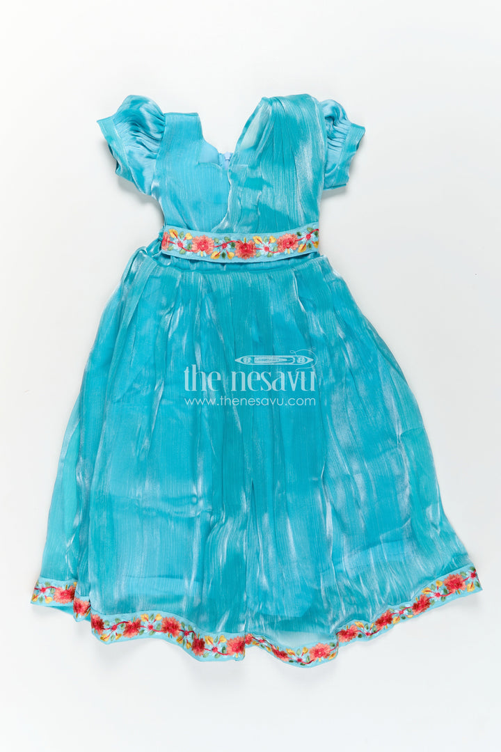 Girls Blue Organza Gown with Vibrant Floral Lace Work and Flowy Silhouette for Graceful Movement