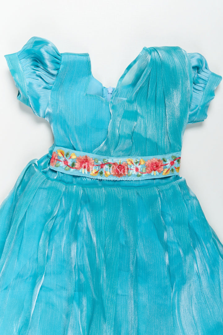 Girls Blue Organza Gown with Vibrant Floral Lace Work and Flowy Silhouette for Graceful Movement