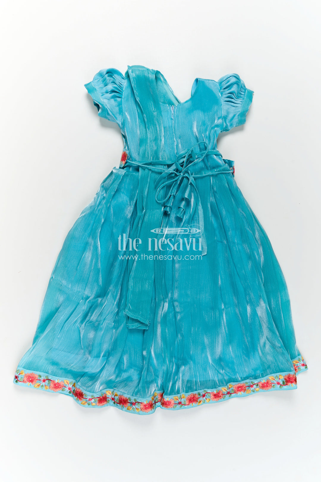 Girls Blue Organza Gown with Vibrant Floral Lace Work and Flowy Silhouette for Graceful Movement