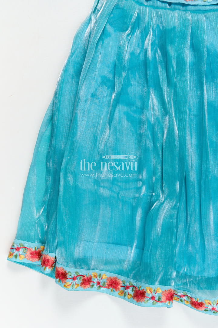 Girls Blue Organza Gown with Vibrant Floral Lace Work and Flowy Silhouette for Graceful Movement