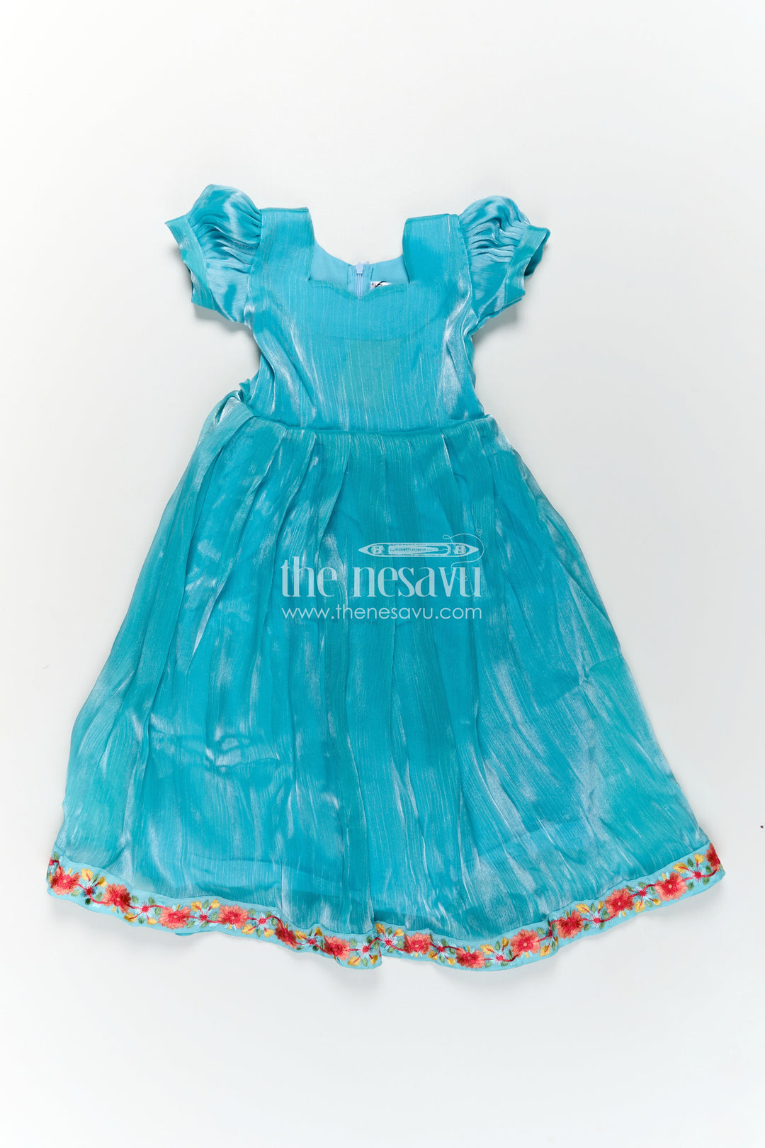 Girls Blue Organza Gown with Vibrant Floral Lace Work and Flowy Silhouette for Graceful Movement