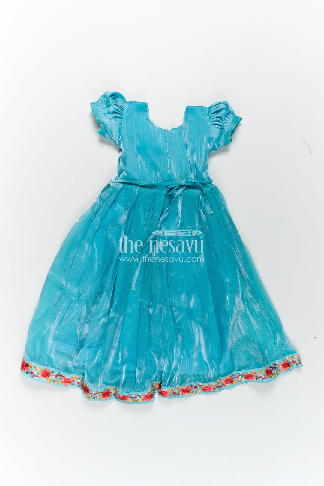 Girls Blue Organza Gown with Vibrant Floral Lace Work and Flowy Silhouette for Graceful Movement