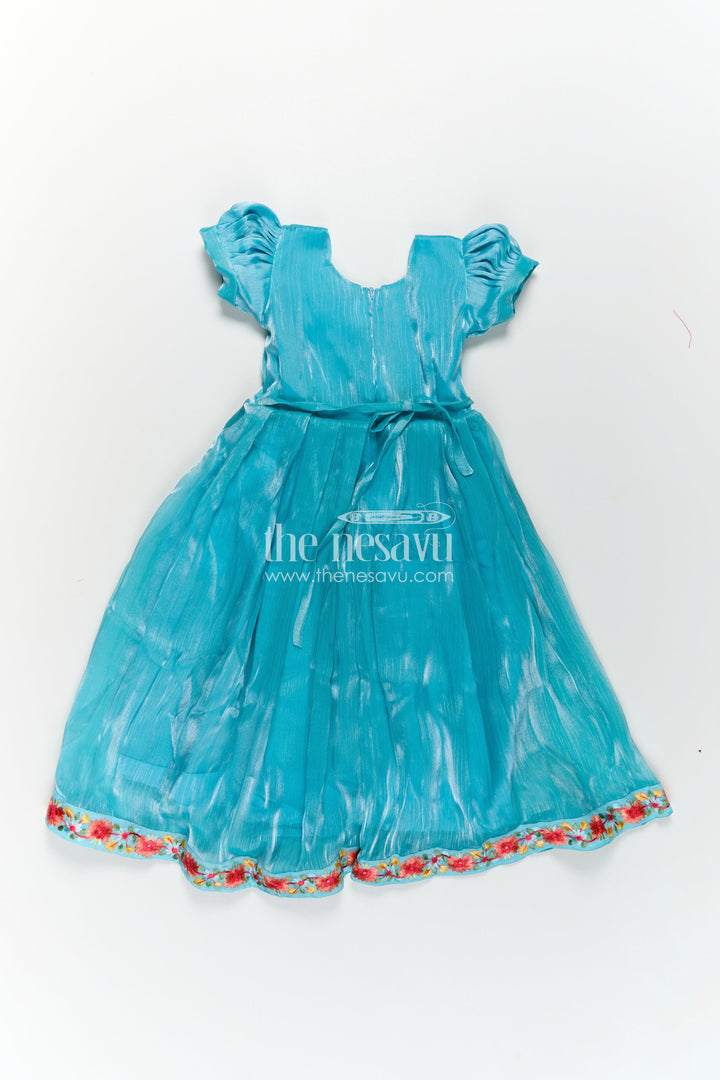 Girls Blue Organza Gown with Vibrant Floral Lace Work and Flowy Silhouette for Graceful Movement