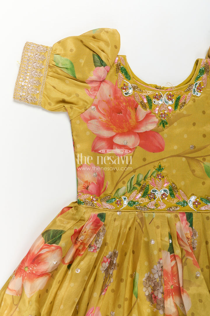 Girls Party Anarkali Dress in Yellow Blend Chinon Silk with Digital Floral Print and Sequin Embroidered Border