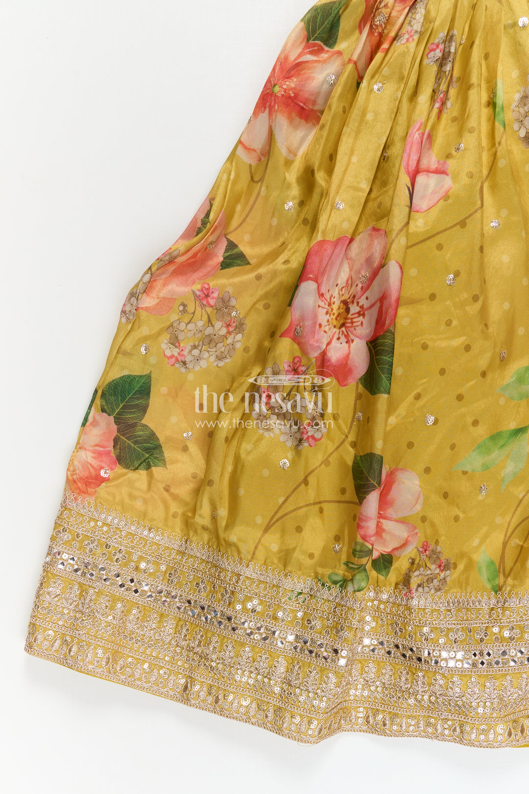 Girls Party Anarkali Dress in Yellow Blend Chinon Silk with Digital Floral Print and Sequin Embroidered Border