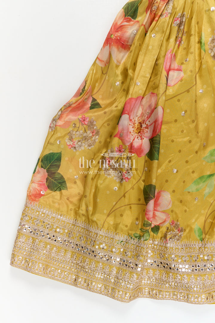 Girls Party Anarkali Dress in Yellow Blend Chinon Silk with Digital Floral Print and Sequin Embroidered Border