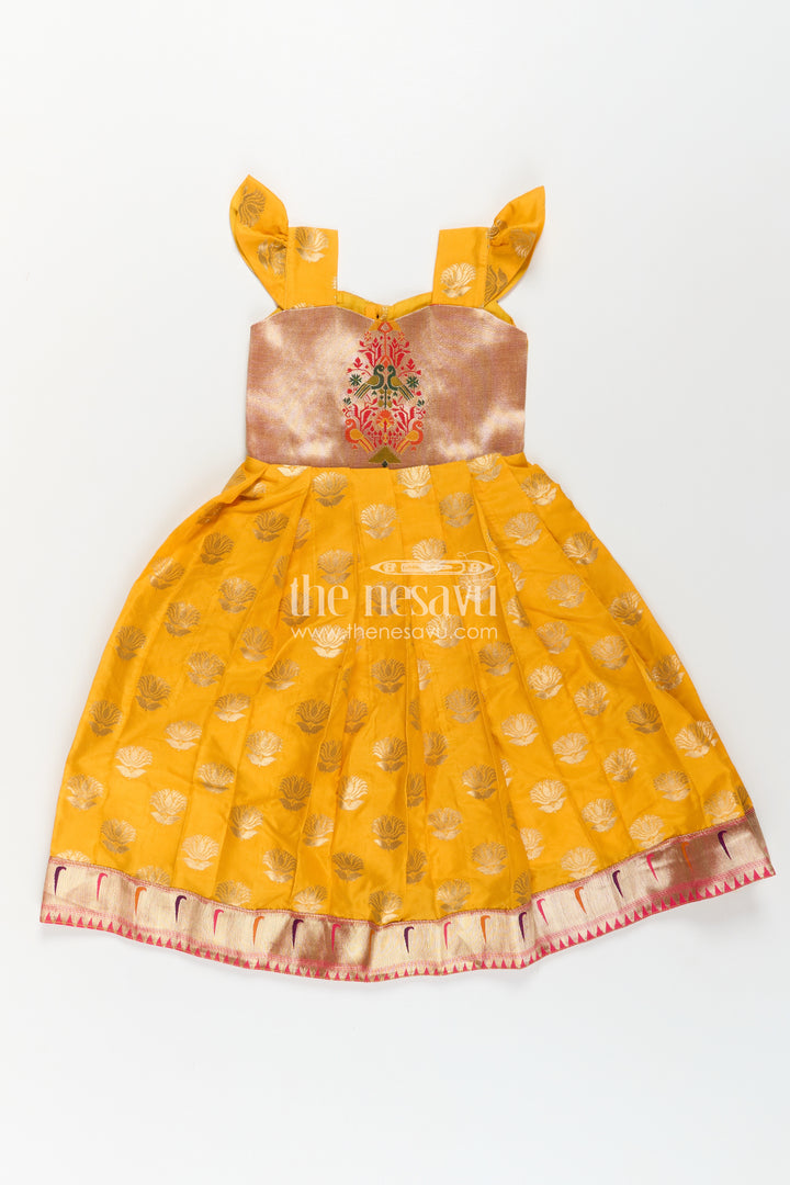 Girls Banarasi Anarkali Gown in Yellow Semi Banaras Silk with Paithani Yoke and Gold Motifs