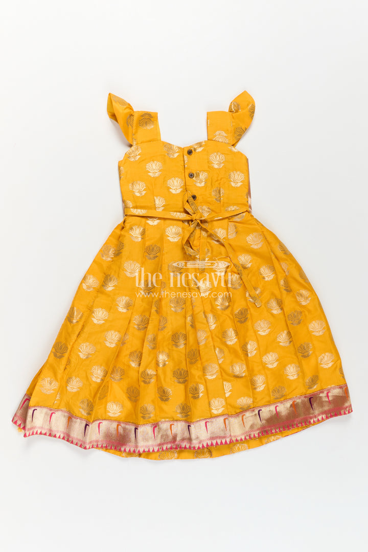 Girls Banarasi Anarkali Gown in Yellow Semi Banaras Silk with Paithani Yoke and Gold Motifs