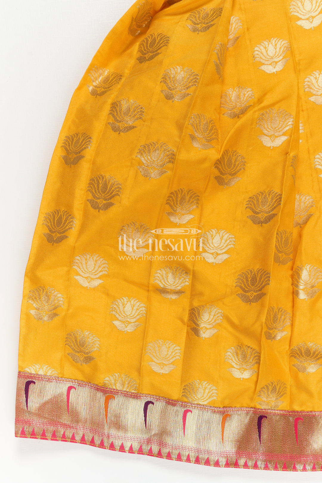 Girls Banarasi Anarkali Gown in Yellow Semi Banaras Silk with Paithani Yoke and Gold Motifs