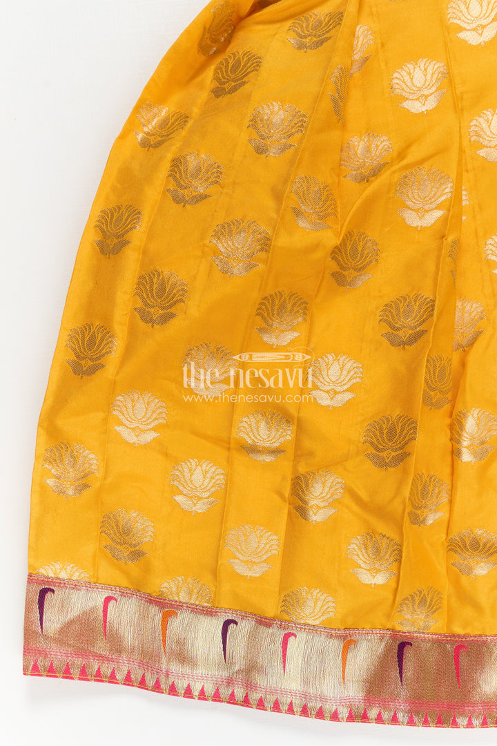 Girls Banarasi Anarkali Gown in Yellow Semi Banaras Silk with Paithani Yoke and Gold Motifs