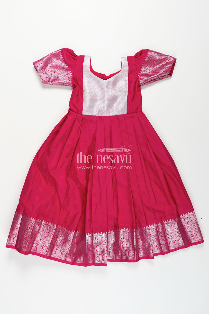 Girls Semi Silk Pink Gown Design with Embellished Yoke and Traditional Zari Border