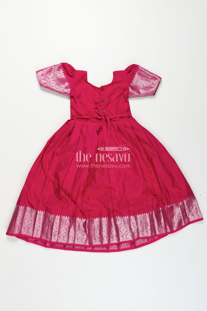 Girls Semi Silk Pink Gown Design with Embellished Yoke and Traditional Zari Border