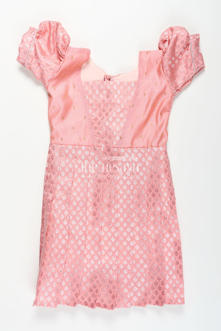 Girls Semi Banaras Silk Pink Party Wear Gown with Intricate Woven Motifs and Classic Puff Sleeves