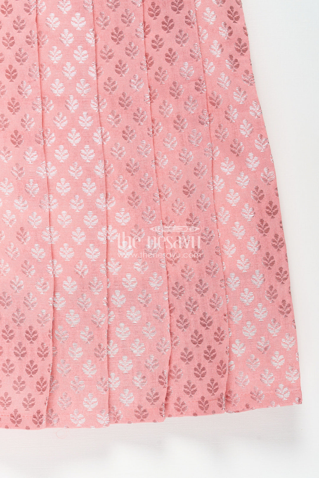 Girls Semi Banaras Silk Pink Party Wear Gown with Intricate Woven Motifs and Classic Puff Sleeves