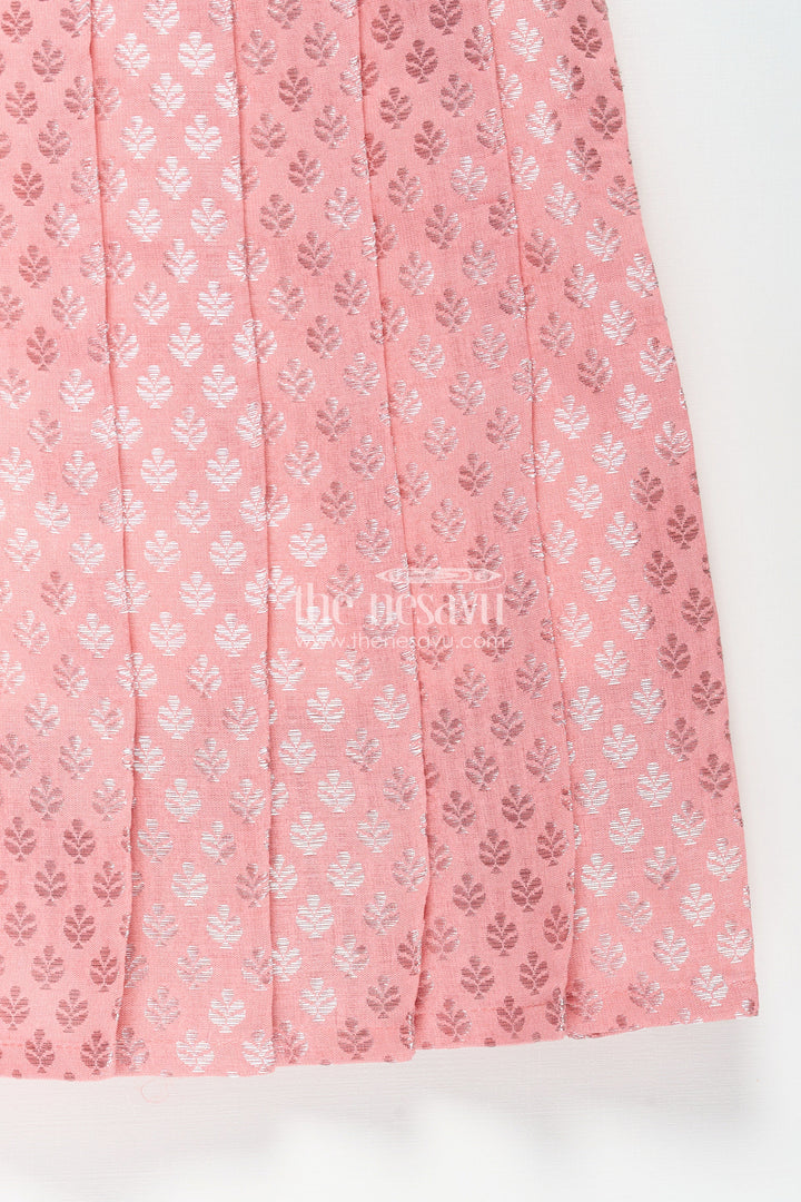 Girls Semi Banaras Silk Pink Party Wear Gown with Intricate Woven Motifs and Classic Puff Sleeves