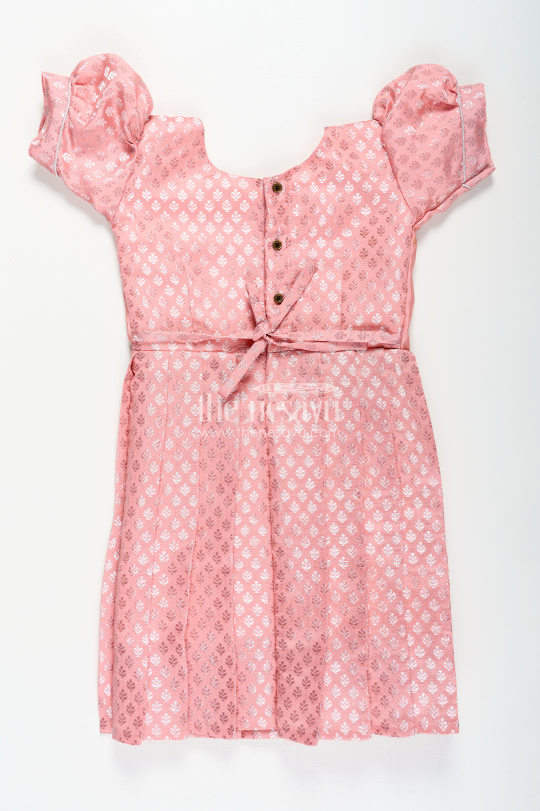 Girls Semi Banaras Silk Pink Party Wear Gown with Intricate Woven Motifs and Classic Puff Sleeves