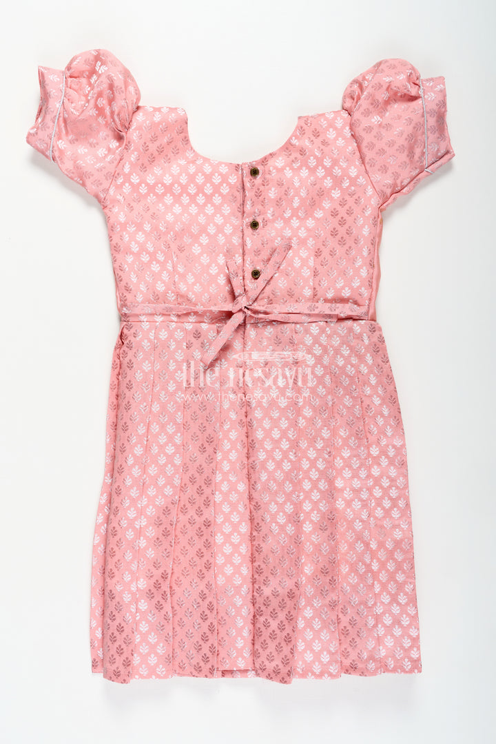 Girls Semi Banaras Silk Pink Party Wear Gown with Intricate Woven Motifs and Classic Puff Sleeves