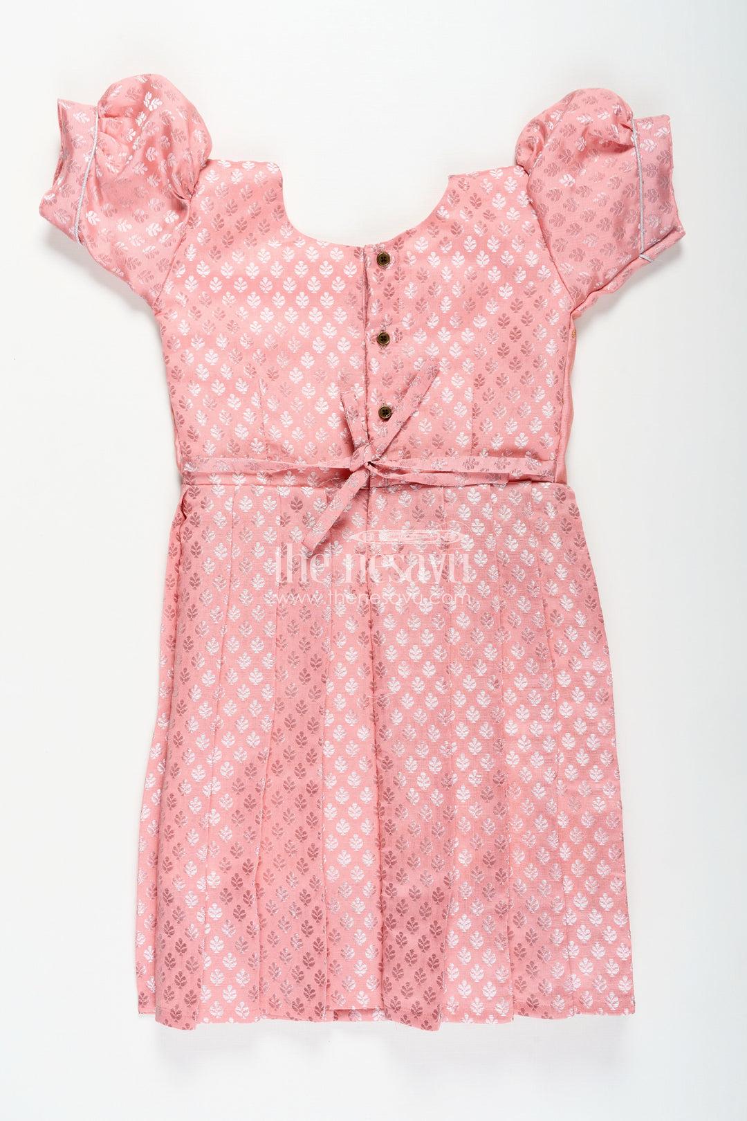 Girls Semi Banaras Silk Pink Party Wear Gown with Intricate Woven Motifs and Classic Puff Sleeves